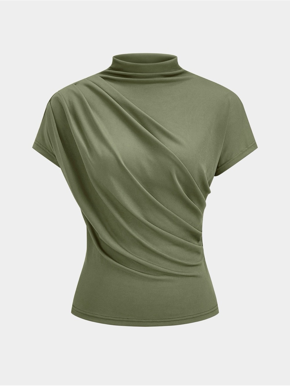 Commense Olive Draped Mock-Neck Short Sleeve Top